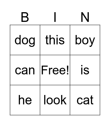 Snap Words Bingo Card