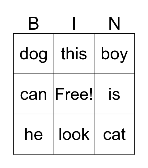 Snap Words Bingo Card