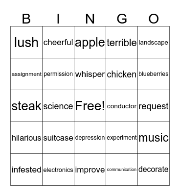 Vocabulary Bingo Card