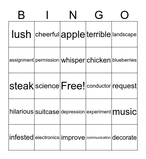 Vocabulary Bingo Card