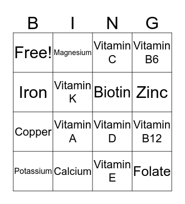 Nutrition Bingo Card
