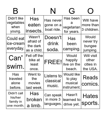 MIxed Tenses Bingo Card
