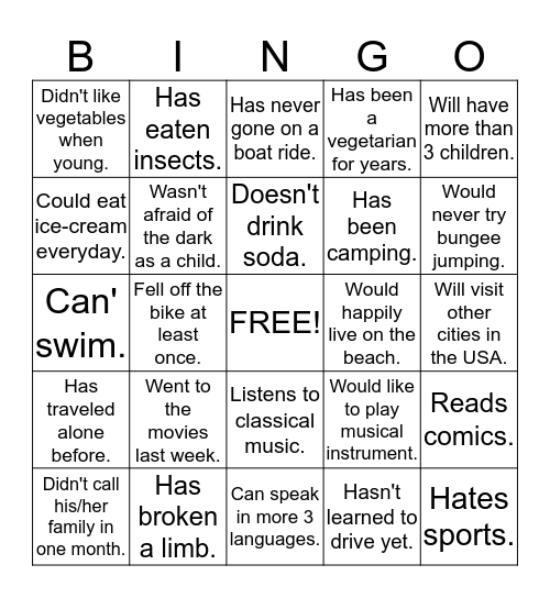 MIxed Tenses Bingo Card