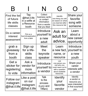 Resource Fair 2020 Bingo Card