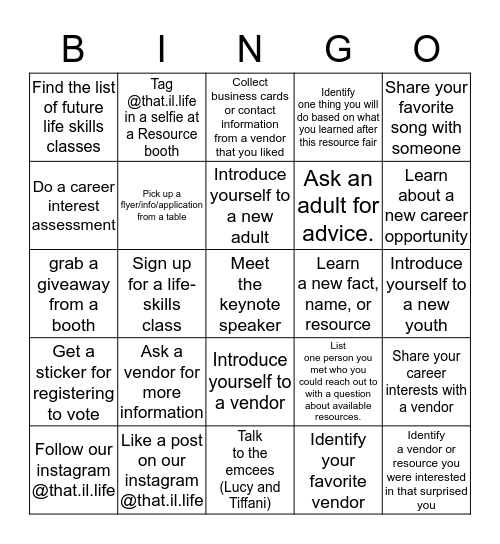 Resource Fair 2020 Bingo Card