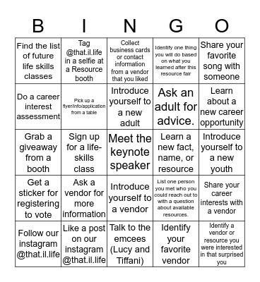 Resource Fair 2020 Bingo Card