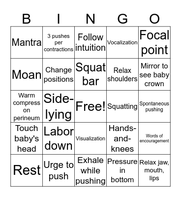 Second Stage Labor Bingo Card