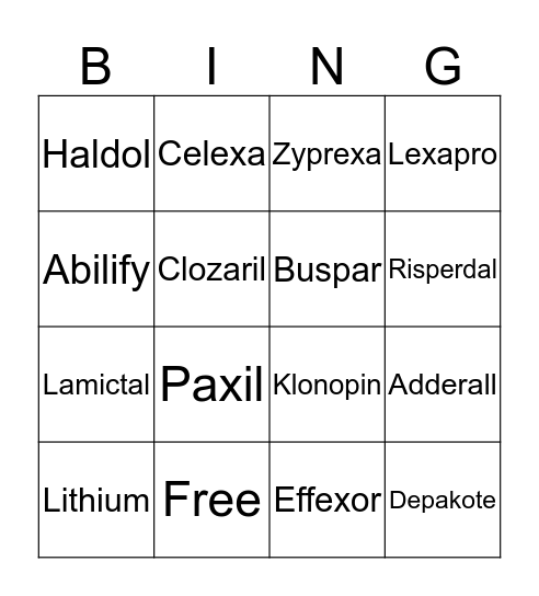 Psychiatric Medication Bingo Card