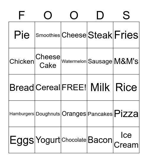 YUMMY FOODS! Bingo Card