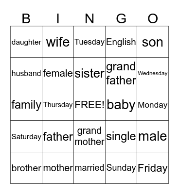Family Names & Days of Week Bingo Card
