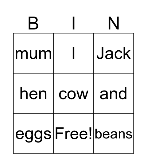 Jack and the beanstalk Bingo Card