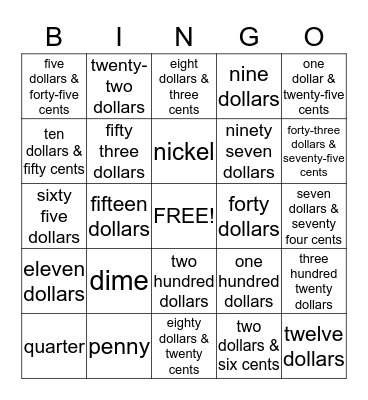 Money Words  Bingo Card