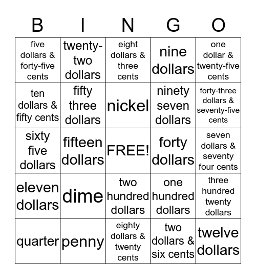 Money Words  Bingo Card