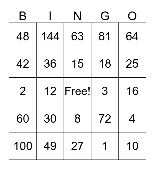 Multiplication Bingo Card