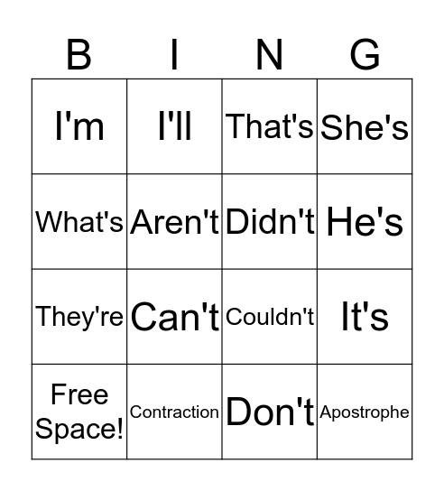 Contraction Bingo Card