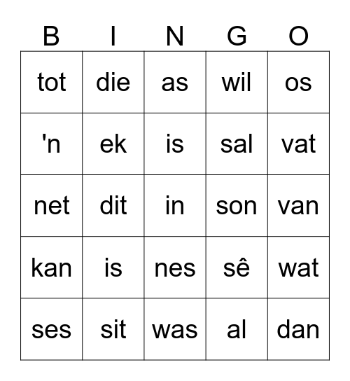 Sigwoorde 1:  Alles in 1 Bingo Card