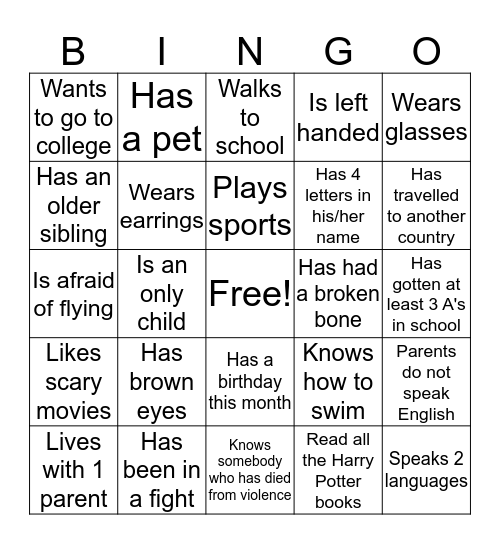 Getting to Know You Bingo Card