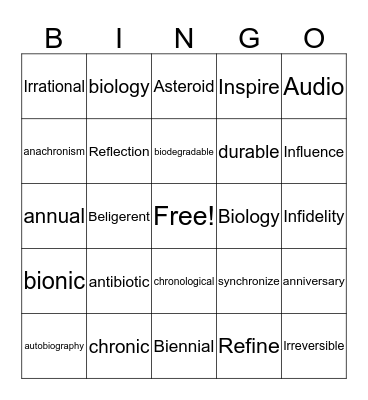 Fusion Vocabulary  Bingo Card