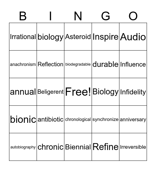 Fusion Vocabulary  Bingo Card