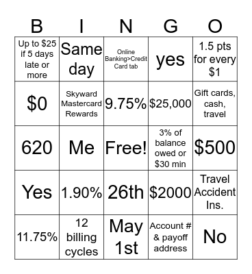 Skyward Credit Cards Bingo Card