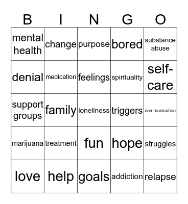 RECOVERY Bingo Card