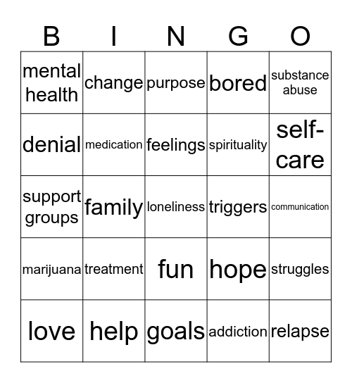 RECOVERY Bingo Card