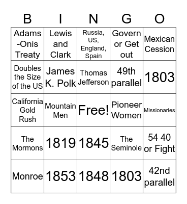 Westward Expansion Bingo Card