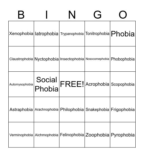 Phobia Bingo Card