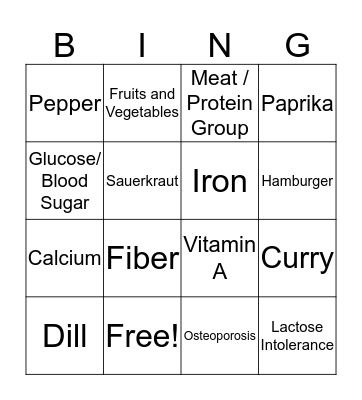 Nutrition Bingo Card