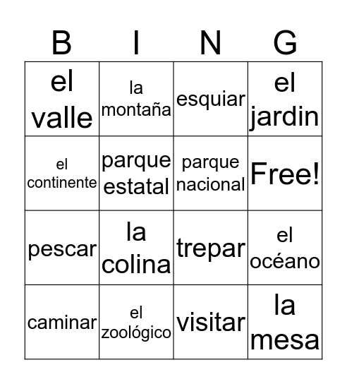 actividades y lugares Bingo Card