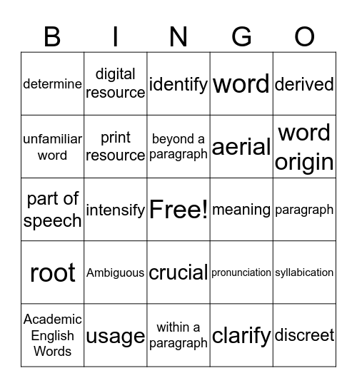 TEKS and Text Vocabulary Bingo Card