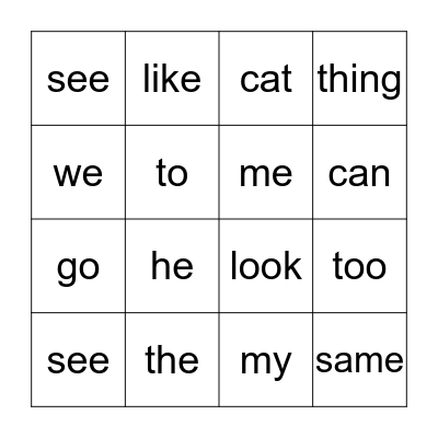 Sight Word Bingo Card