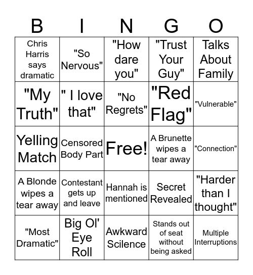 Bachelor Bingo Card