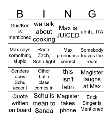 Latin V Bingo Card