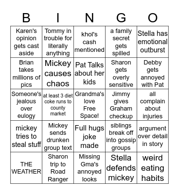 Grandma's Funeral Events Bingo Card