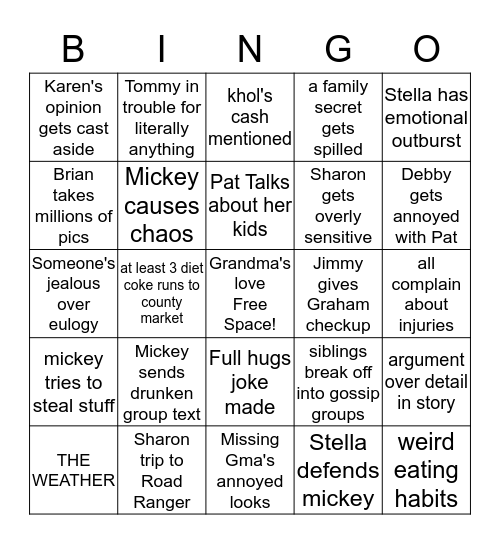 Grandma's Funeral Events Bingo Card