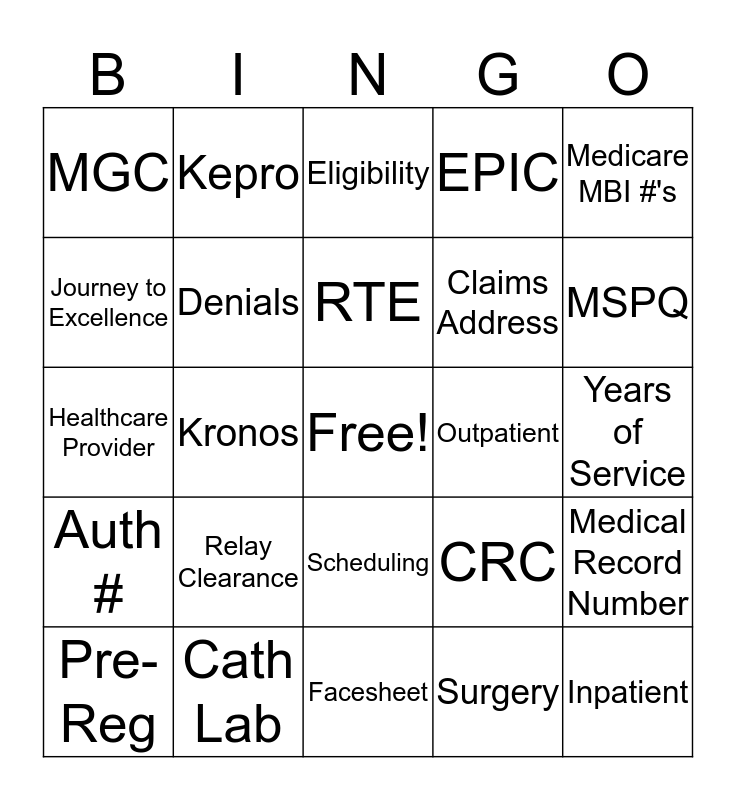 Patient Access Week Bingo Card