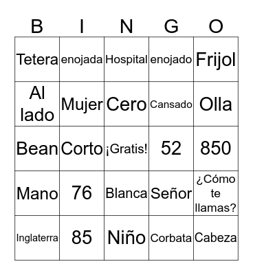 EL SEÑOR BEAN EN EL HOSPITAL Bingo Card