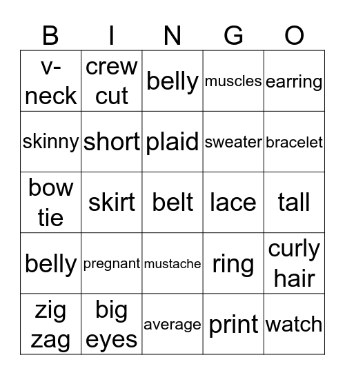 Unit 8: Describing Others Bingo Card