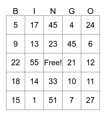 Number Bingo Card