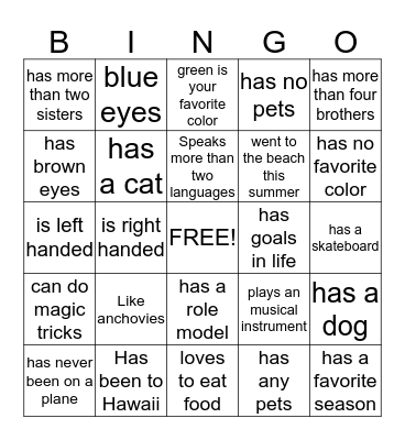 GETTING TO KNOW YOU  Bingo Card