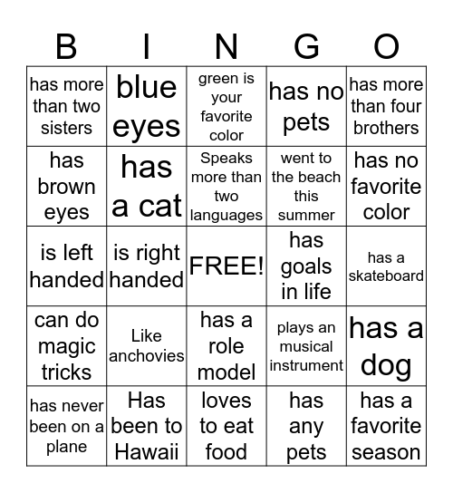 GETTING TO KNOW YOU  Bingo Card