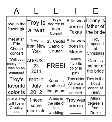 BRIDAL SHOWER BINGO Card