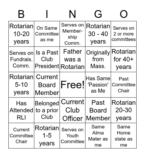 Rotary Member Bingo Card