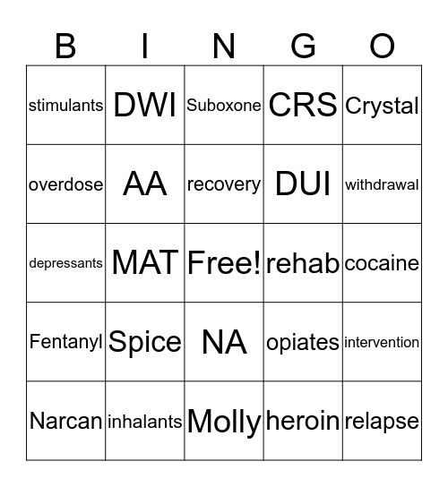 Drug and Alcohol Bingo Card