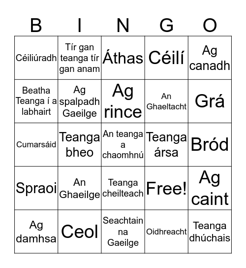 Seachtain na Gaeilge Bingo Card