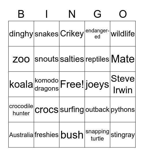 Crocodile Hunter Bingo Card