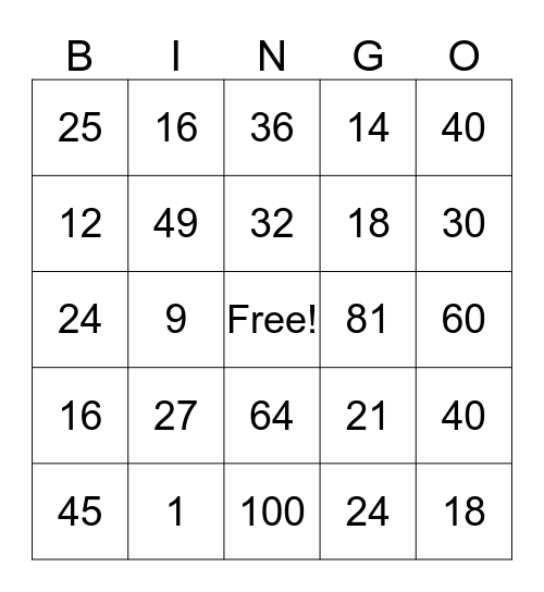 Multiplication BINGO Card