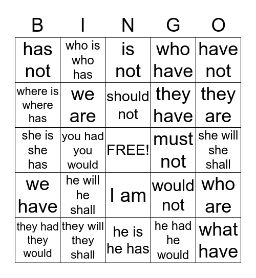 Identify The Contraction Bingo Card