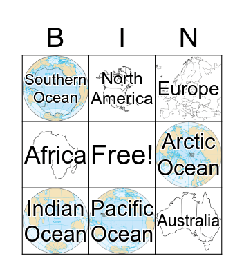 Continents and Ocean Bingo Card